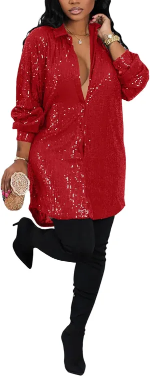 Women's Sequin Button Down Shirt Dress Long Sleeve Loose Fit Blouse Top Mini Dress Party Sexy Clubwear