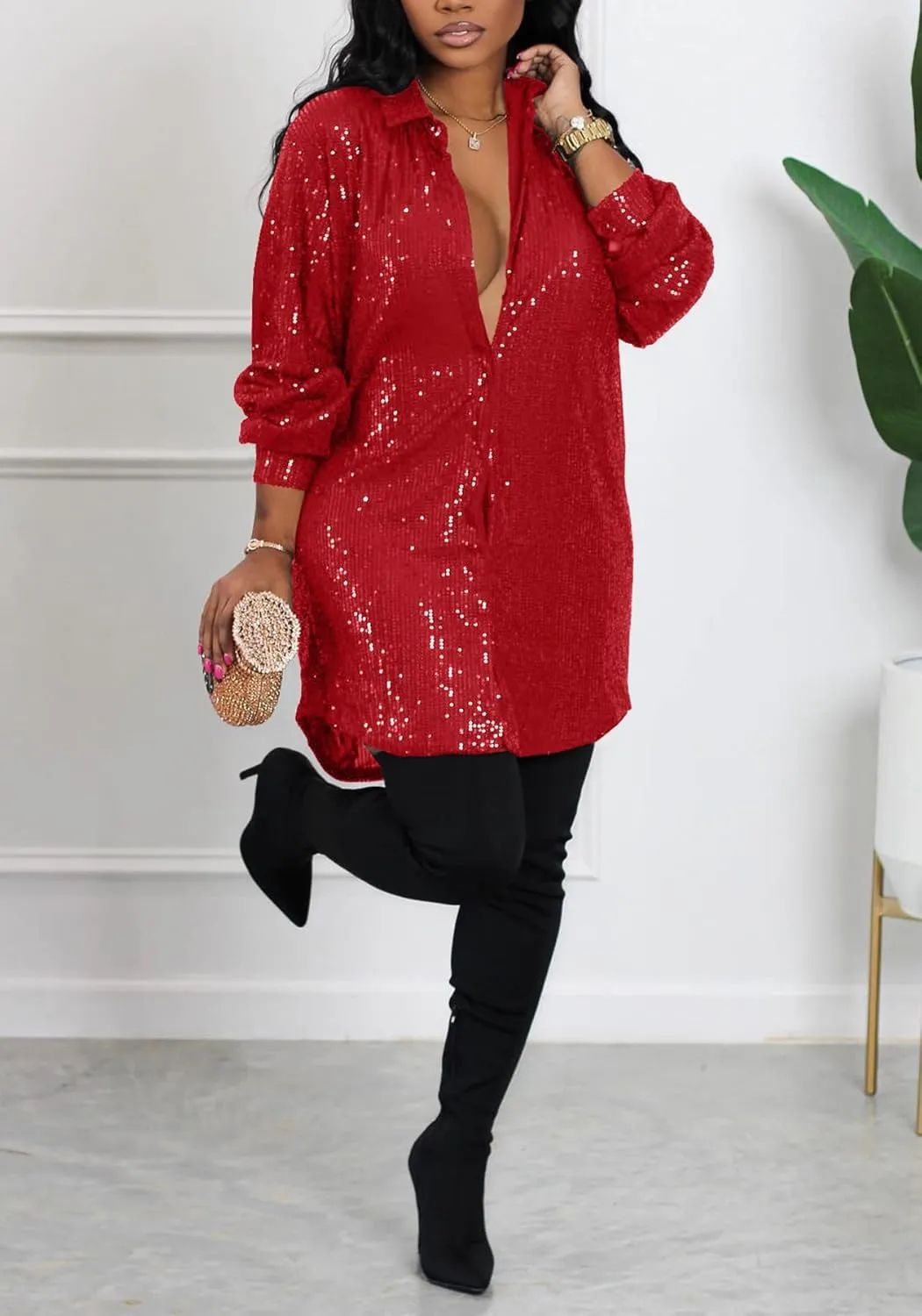 Women's Sequin Button Down Shirt Dress Long Sleeve Loose Fit Blouse Top Mini Dress Party Sexy Clubwear