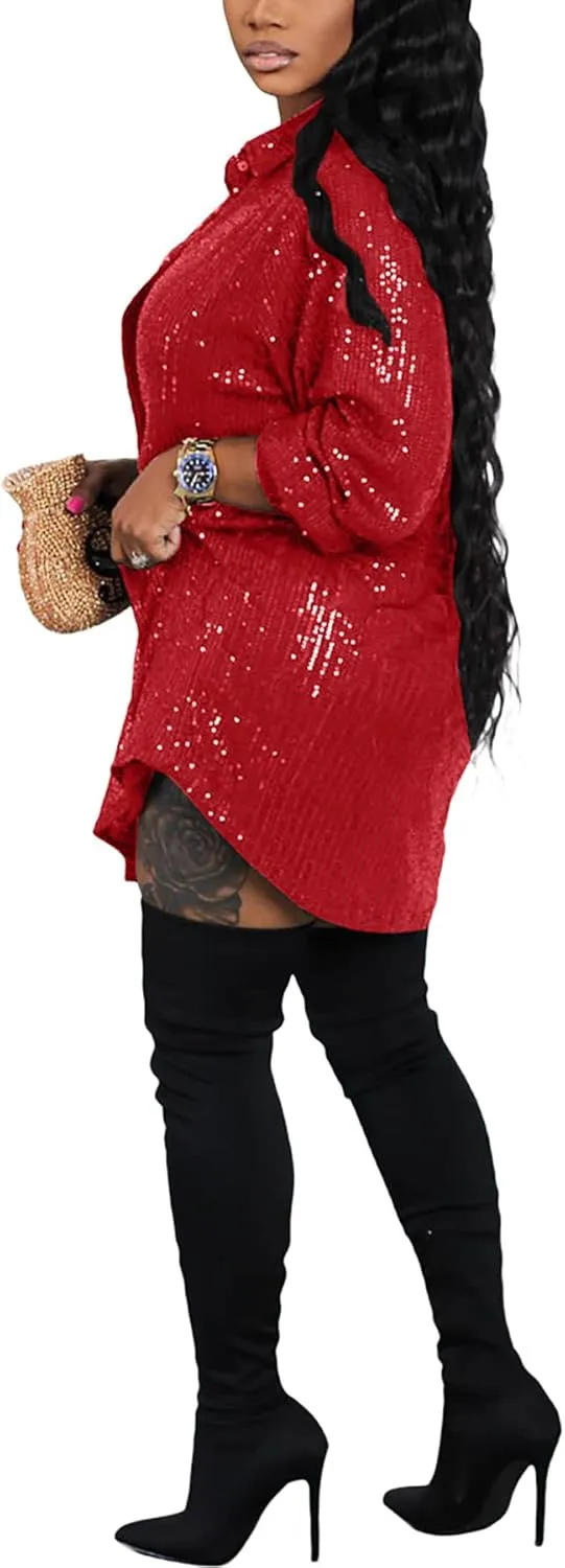 Women's Sequin Button Down Shirt Dress Long Sleeve Loose Fit Blouse Top Mini Dress Party Sexy Clubwear