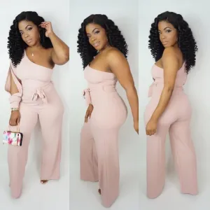 Women's Sexy One Shoulder Slit Sleeve High Waist One Piece Pant Outfit Wide Leg Jumpsuit Romper