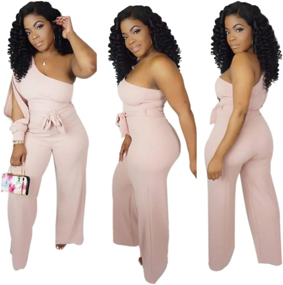 Women's Sexy One Shoulder Slit Sleeve High Waist One Piece Pant Outfit Wide Leg Jumpsuit Romper