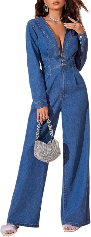 Women's Sexy V Neck Wide Leg Denim Jumpsuit Long Sleeve High Waist Button Slim Fit Straight Leg Pants Rompers