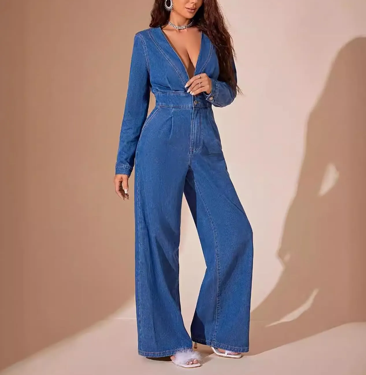 Women's Sexy V Neck Wide Leg Denim Jumpsuit Long Sleeve High Waist Button Slim Fit Straight Leg Pants Rompers