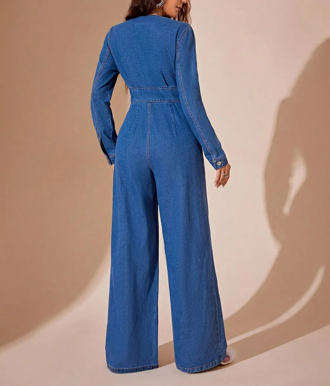 Women's Sexy V Neck Wide Leg Denim Jumpsuit Long Sleeve High Waist Button Slim Fit Straight Leg Pants Rompers