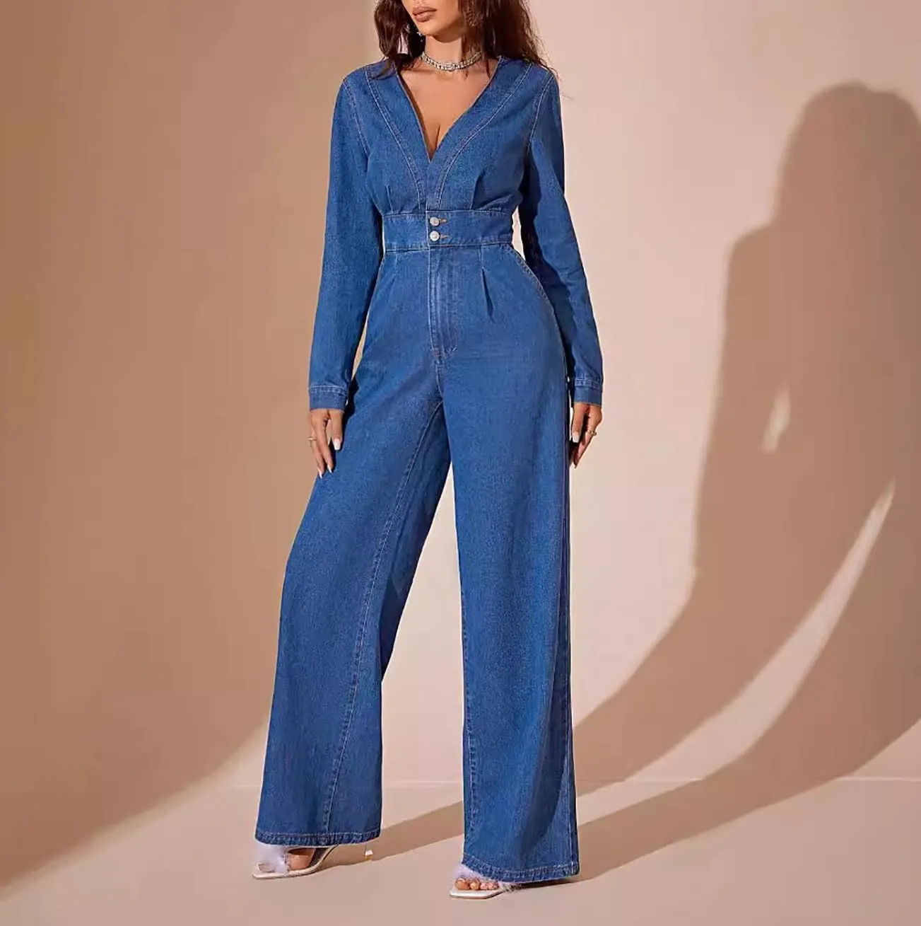 Women's Sexy V Neck Wide Leg Denim Jumpsuit Long Sleeve High Waist Button Slim Fit Straight Leg Pants Rompers