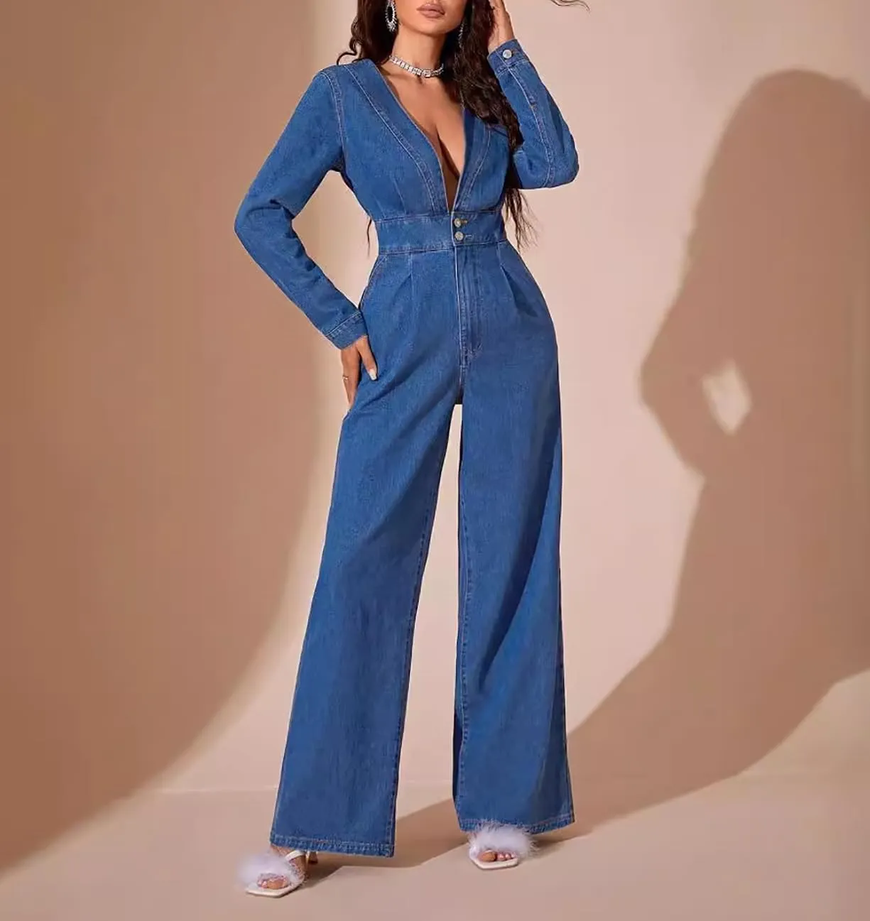 Women's Sexy V Neck Wide Leg Denim Jumpsuit Long Sleeve High Waist Button Slim Fit Straight Leg Pants Rompers
