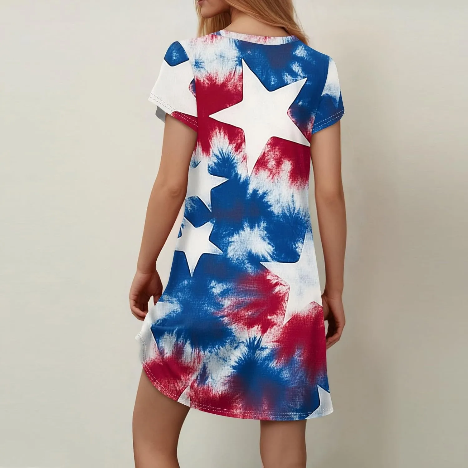 Women's Summer Dresses Short Sleeve V Neck Loose Fit Independence Day Print Swing Sundress with Pockets