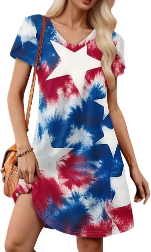 Women's Summer Dresses Short Sleeve V Neck Loose Fit Independence Day Print Swing Sundress with Pockets
