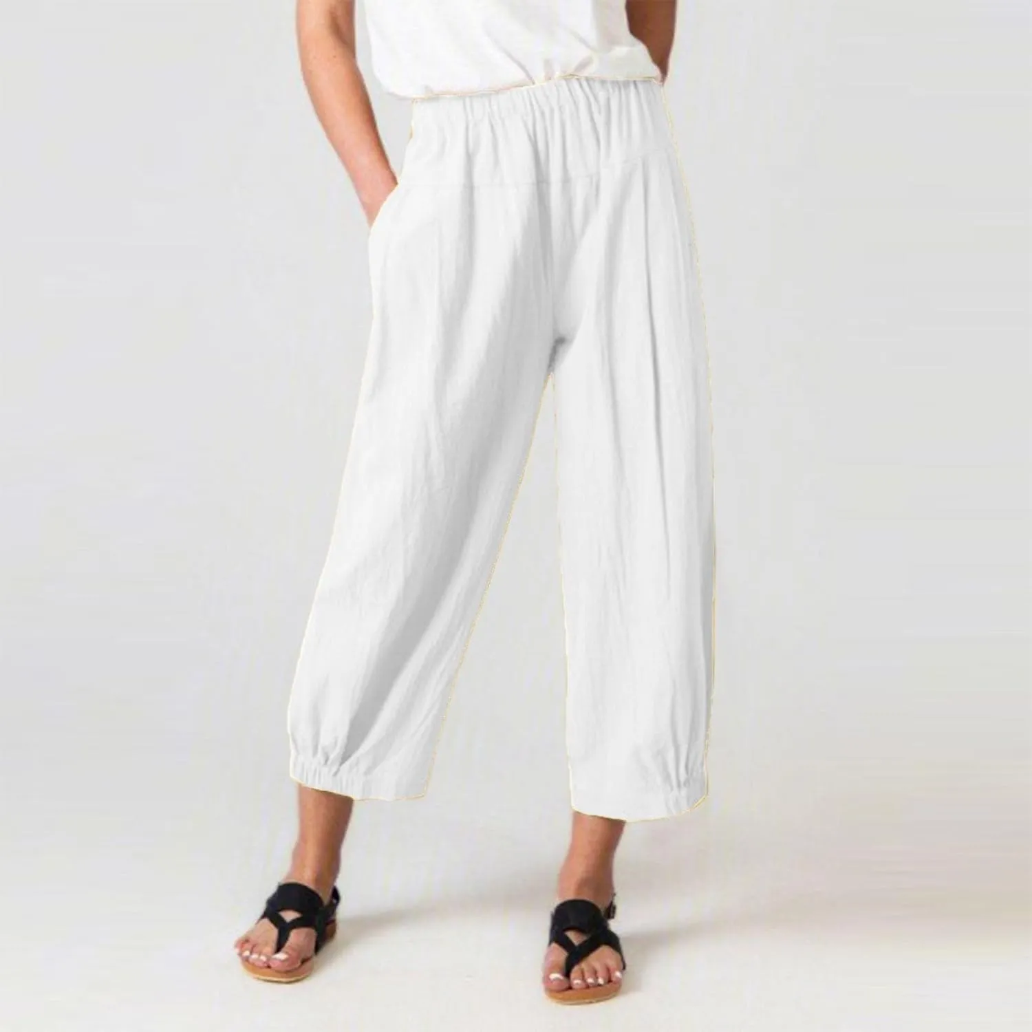 Women's Summer Linen Pants High Waisted Drawstring Printed Bohemian Capris Trousers