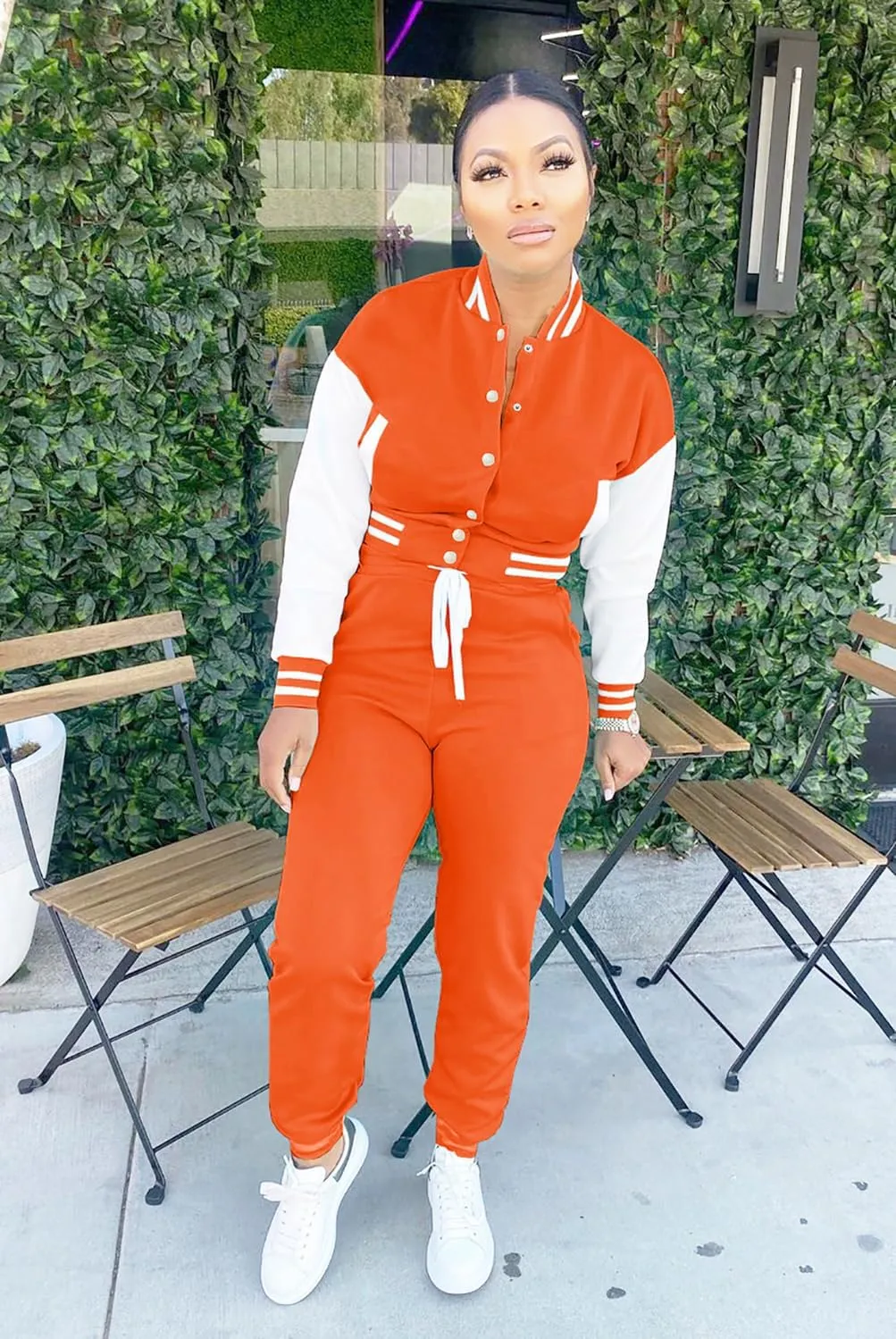 Womens Two Piece Tracksuit Button Down Cropped Varsity Jacket Pants Set Jogger Sweatsuit