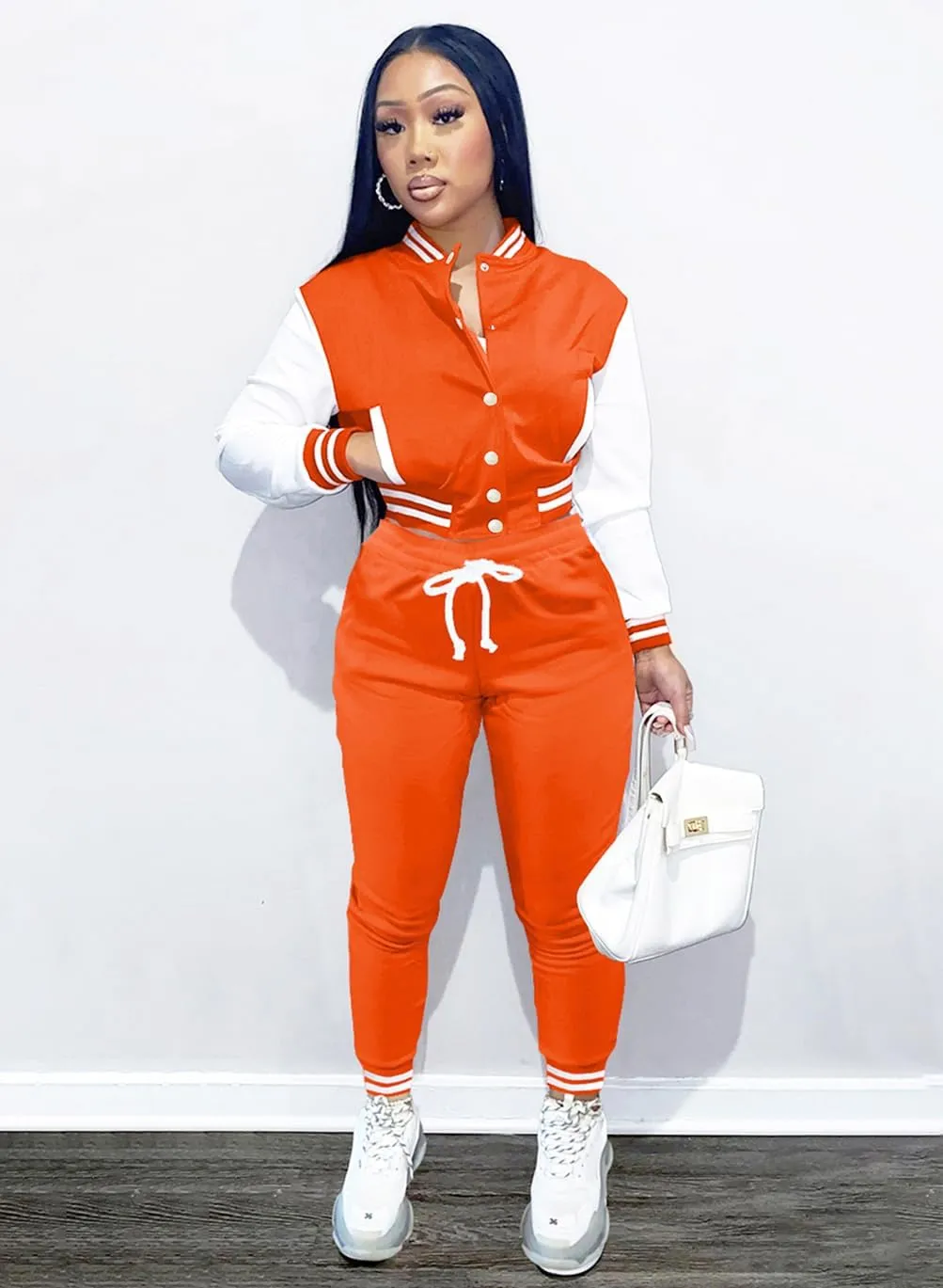 Womens Two Piece Tracksuit Button Down Cropped Varsity Jacket Pants Set Jogger Sweatsuit