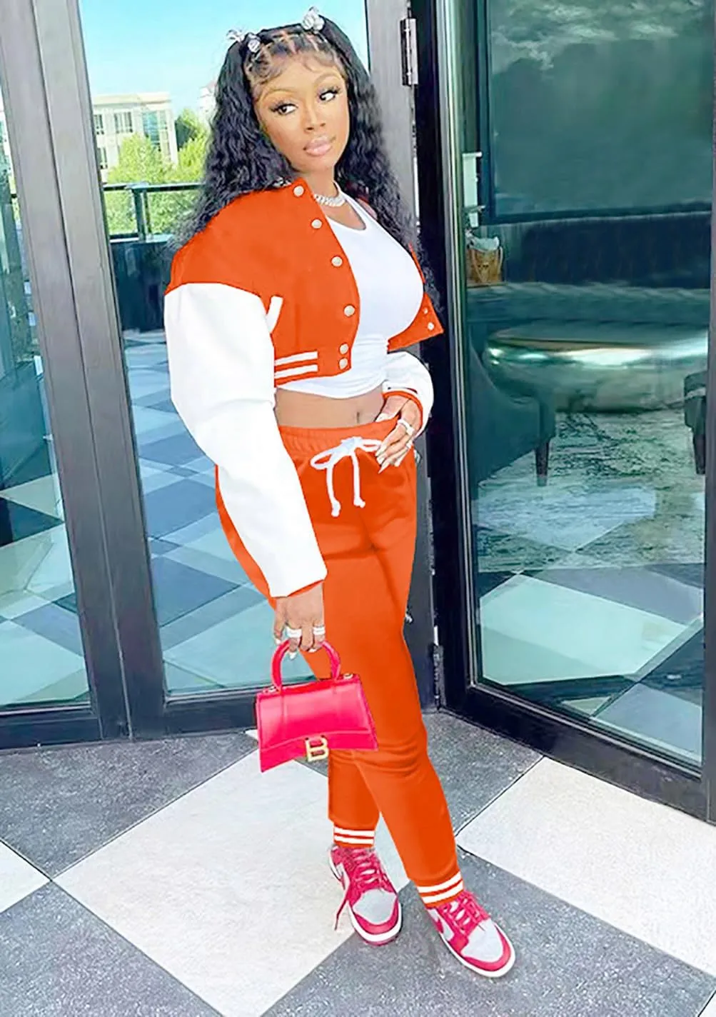 Womens Two Piece Tracksuit Button Down Cropped Varsity Jacket Pants Set Jogger Sweatsuit
