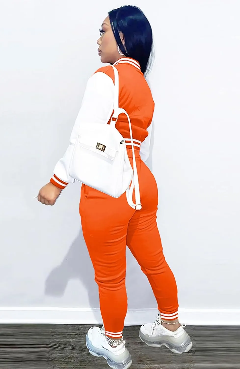 Womens Two Piece Tracksuit Button Down Cropped Varsity Jacket Pants Set Jogger Sweatsuit