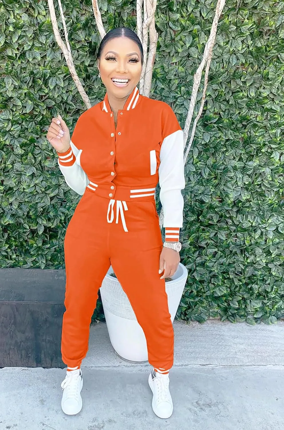 Womens Two Piece Tracksuit Button Down Cropped Varsity Jacket Pants Set Jogger Sweatsuit