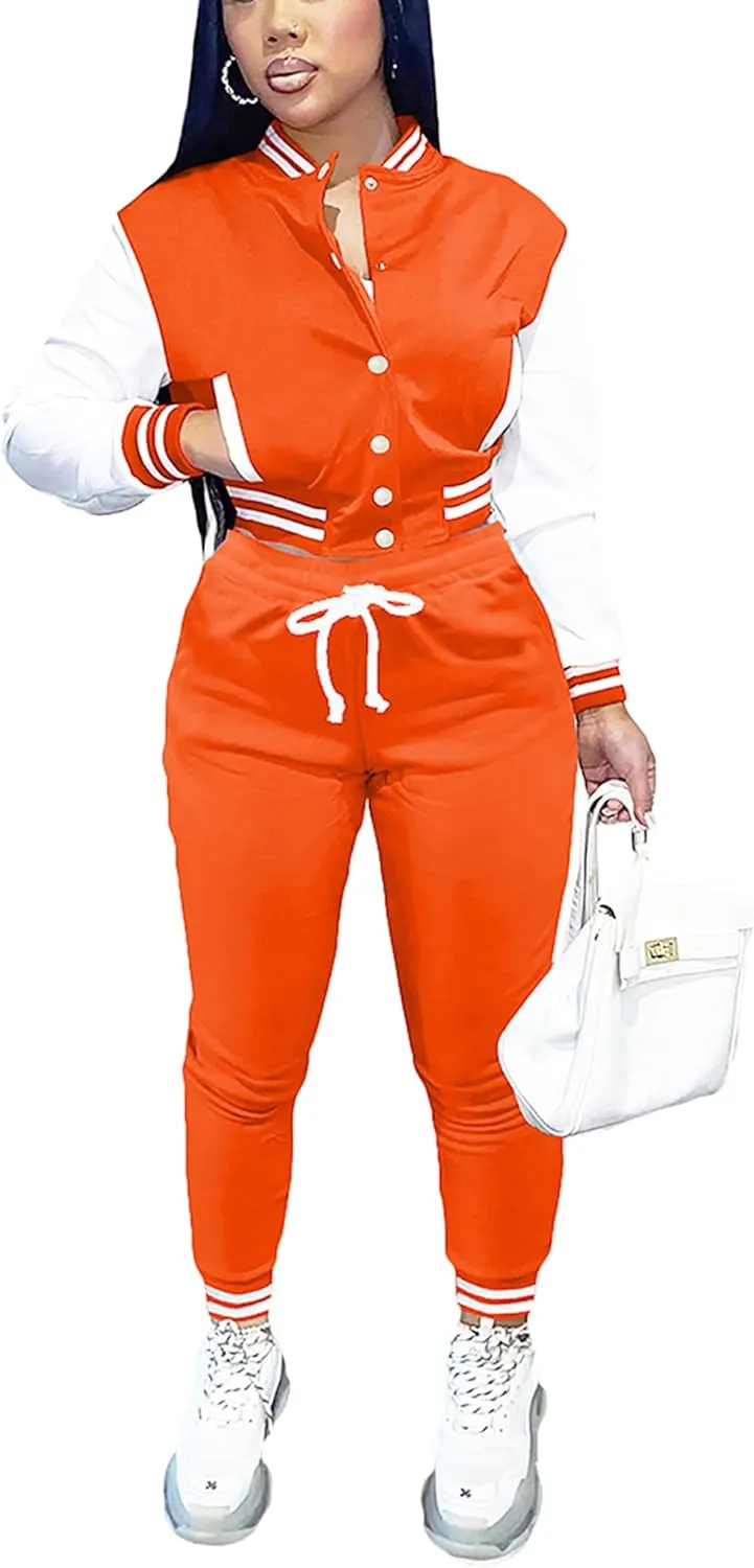 Womens Two Piece Tracksuit Button Down Cropped Varsity Jacket Pants Set Jogger Sweatsuit