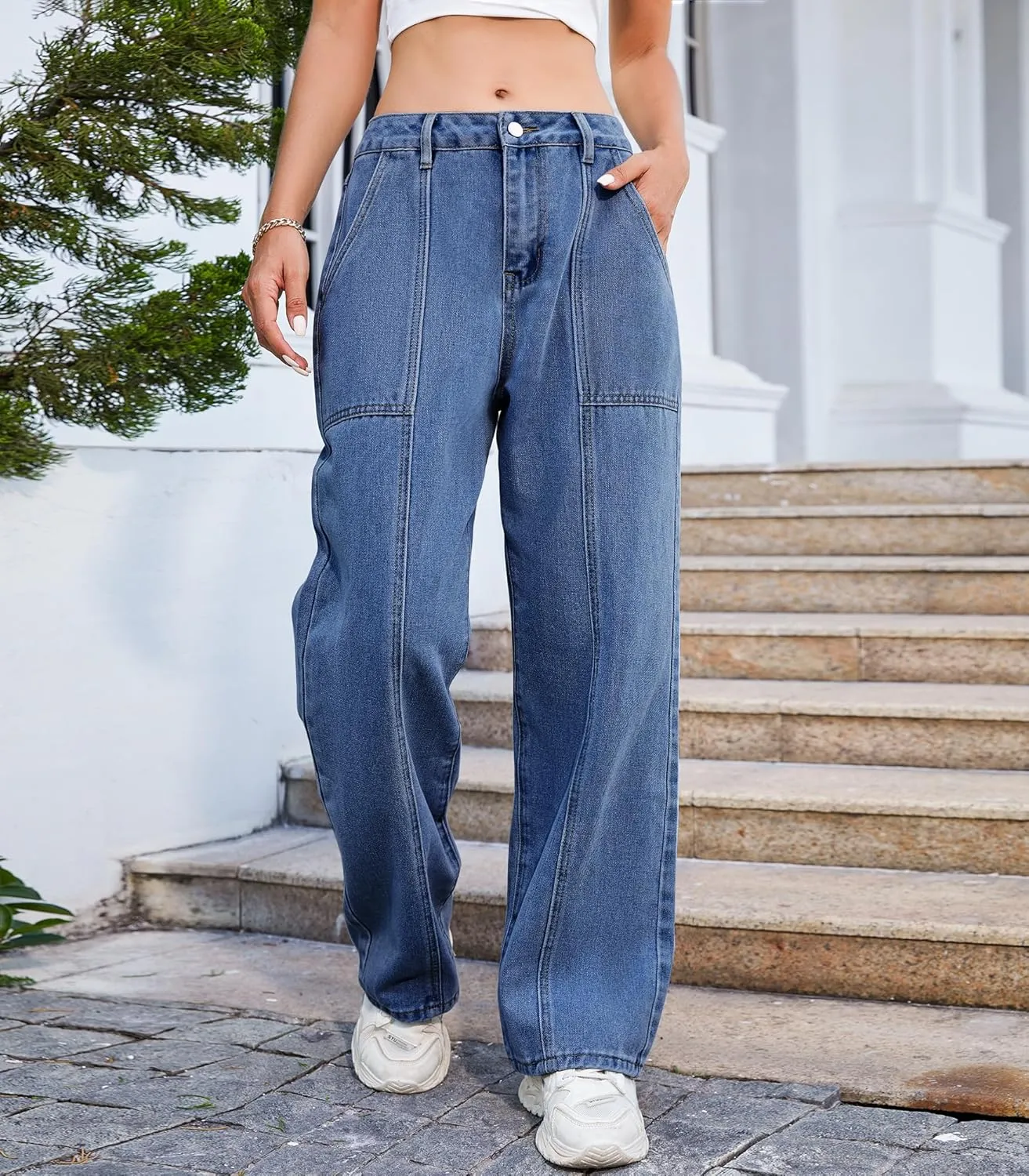 Womens Wide Leg Jeans High Waisted Seamed Baggy Demin Pants Casual Jean Pants with Pockets Trouser Jeans