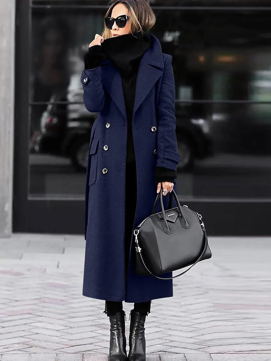Women's Winter Double Breasted Wool Coat Business Casual Long Sleeve Midi Long Trench Coat with Belt