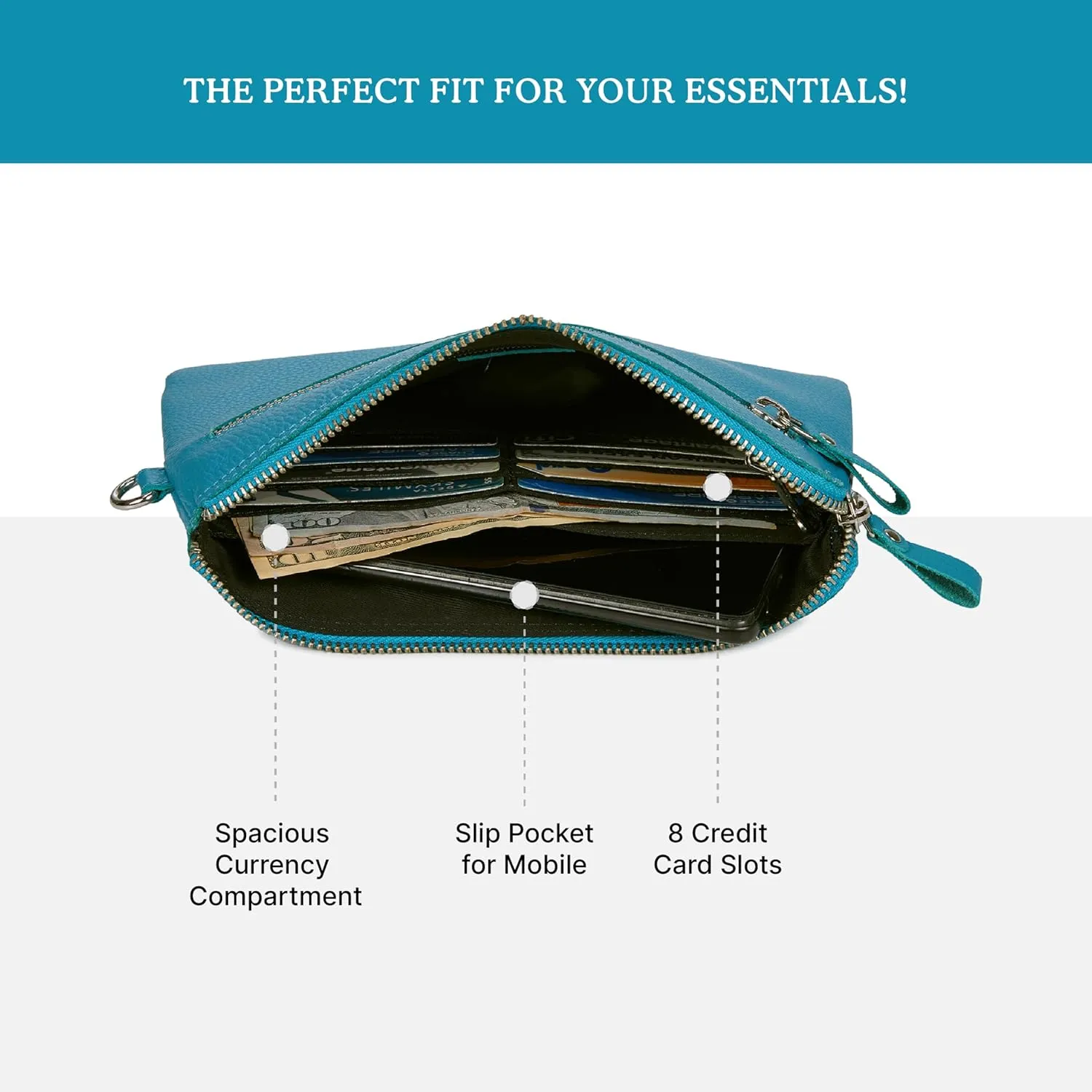 Wristlet Wallet for Women Real Leather Purse & Clutch for Mobile Keys Coins with Credit Card Slots in Gift Box (Air Blue Nappa)