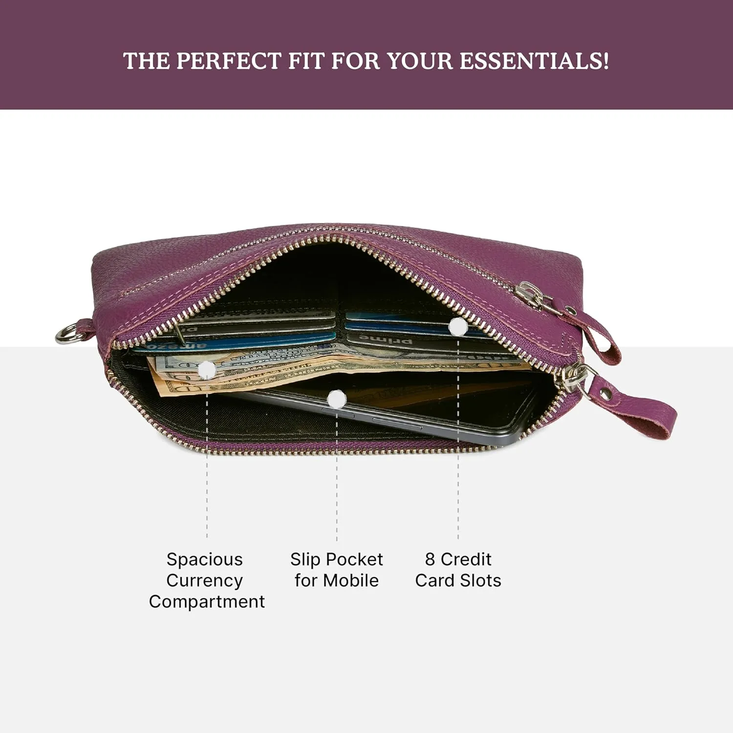 Wristlet Wallet for Women Real Leather Purse & Clutch for Mobile Keys Coins with Credit Card Slots in Gift Box (Amethyst Nappa)
