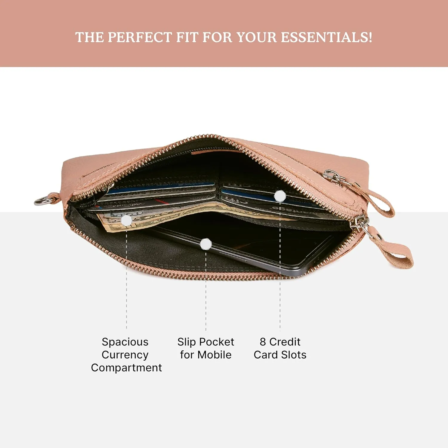 Wristlet Wallet for Women Real Leather Purse & Clutch for Mobile Keys Coins with Credit Card Slots in Gift Box (Baby Pink Nappa)