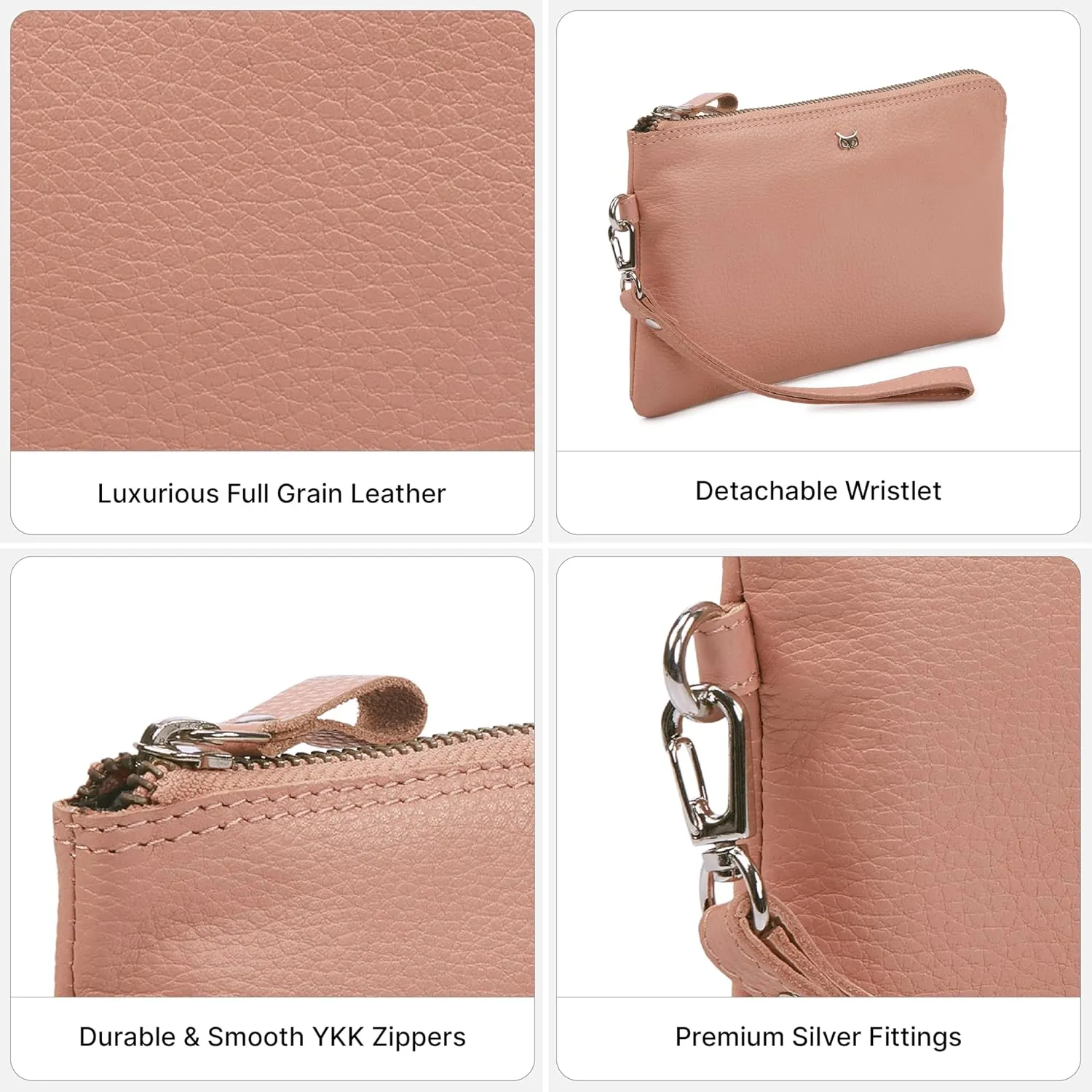 Wristlet Wallet for Women Real Leather Purse & Clutch for Mobile Keys Coins with Credit Card Slots in Gift Box (Baby Pink Nappa)