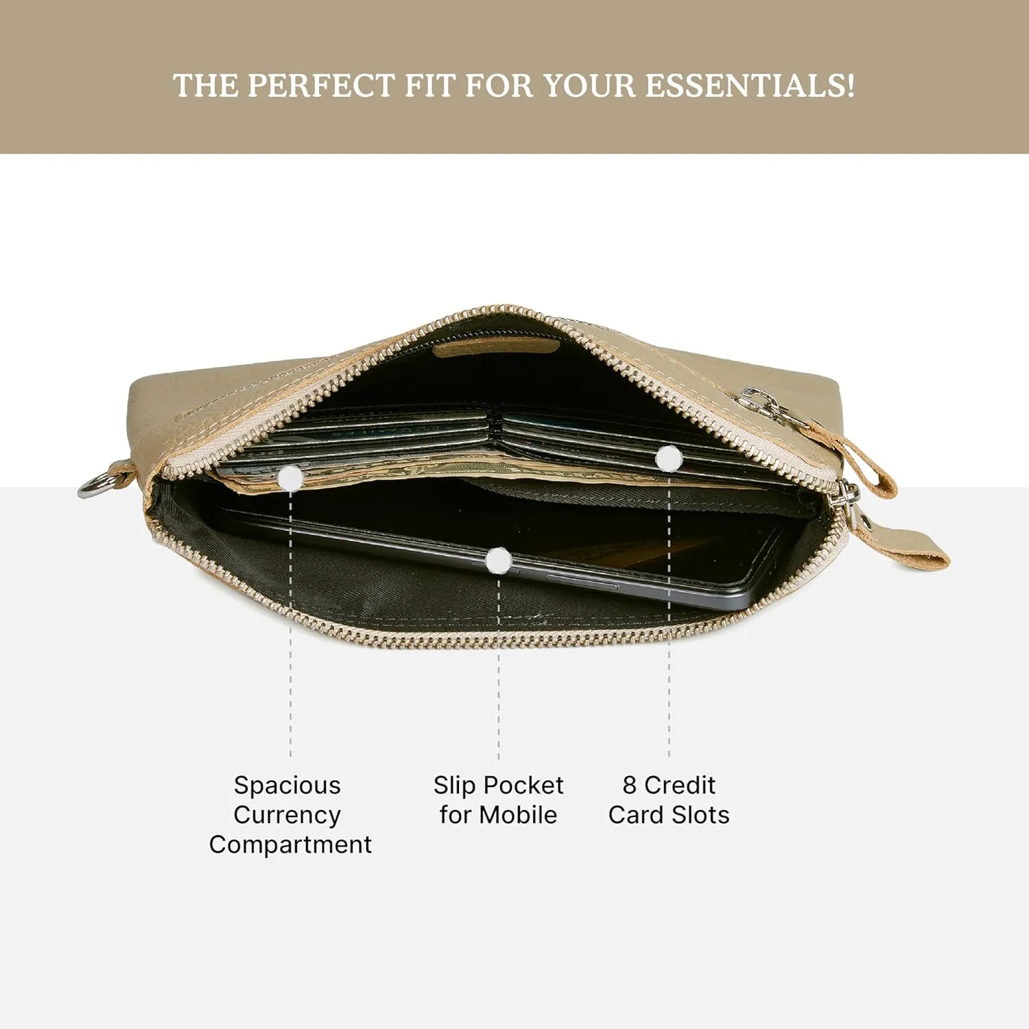 Wristlet Wallet for Women Real Leather Purse & Clutch for Mobile Keys Coins with Credit Card Slots in Gift Box (Beige Nappa)