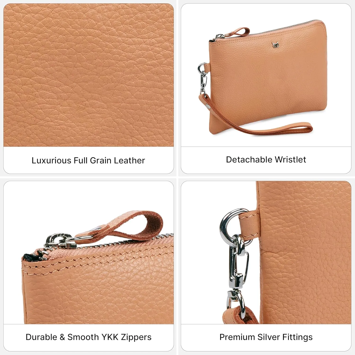 Wristlet Wallet for Women Real Leather Purse & Clutch for Mobile Keys Coins with Credit Card Slots in Gift Box (Peach Nappa)