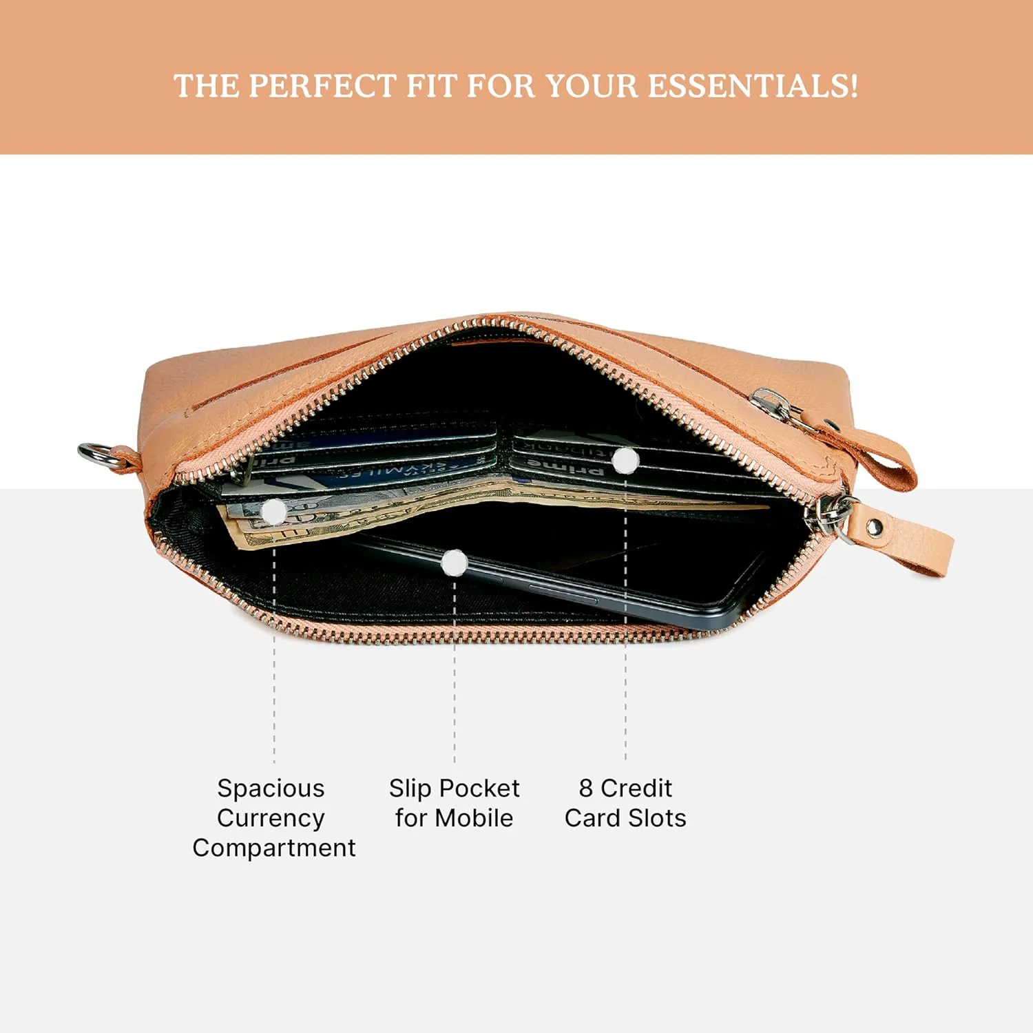 Wristlet Wallet for Women Real Leather Purse & Clutch for Mobile Keys Coins with Credit Card Slots in Gift Box (Peach Nappa)