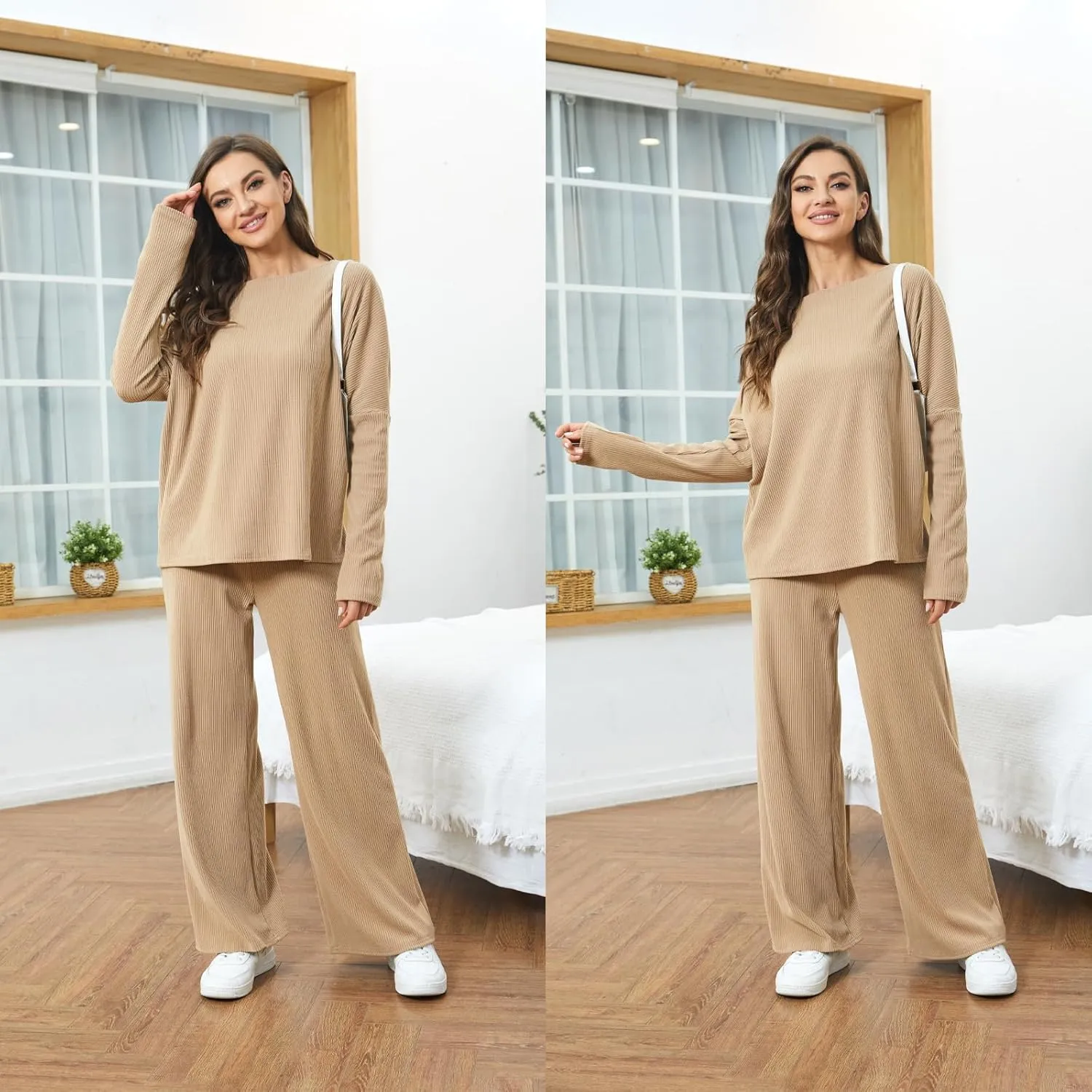 Xaspee Women's 2 Piece Corduroy Wide Leg Sweatsuit Sets Batwing Sleeve Loose Top and Pants Knit Loungewear Outfits