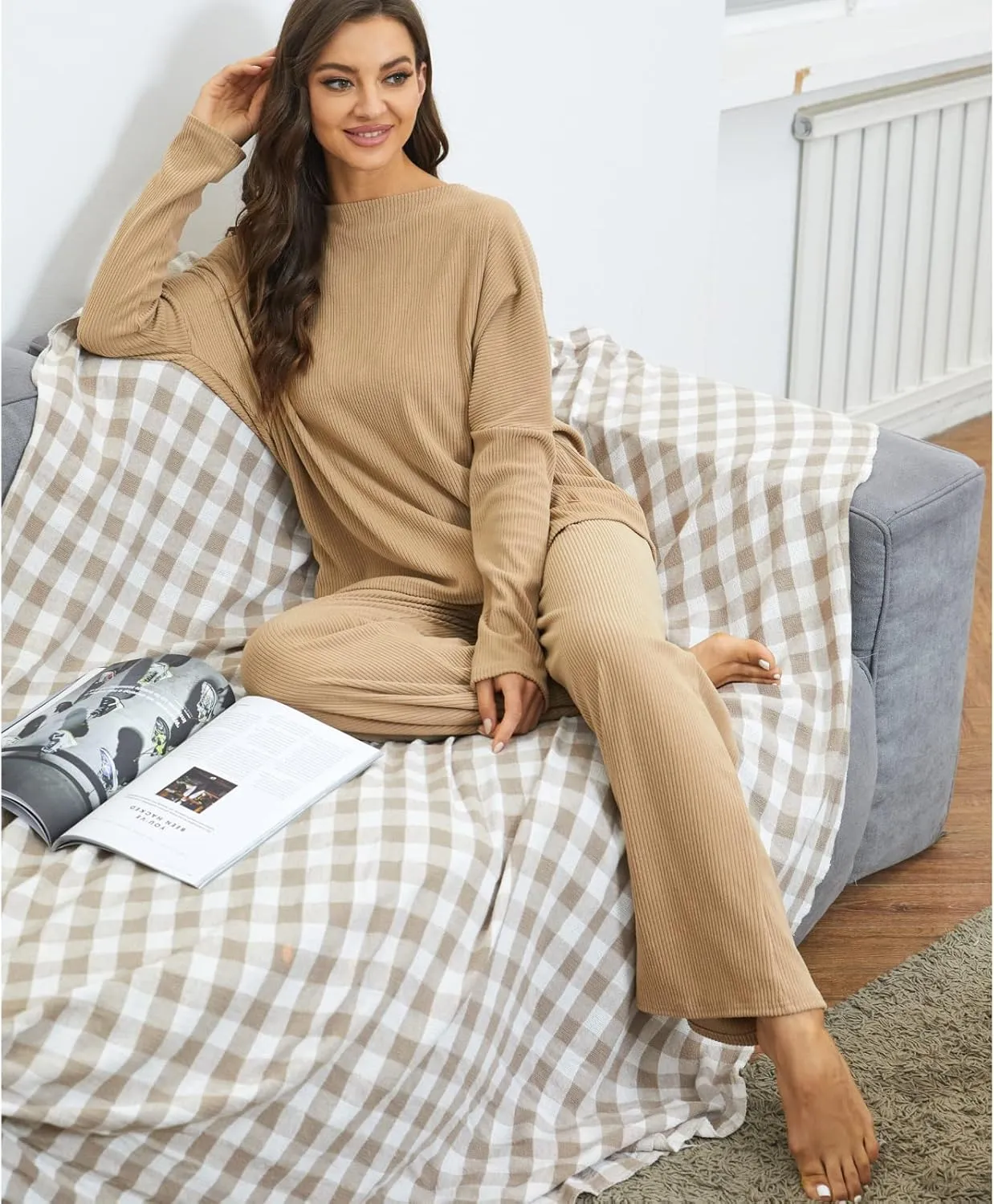 Xaspee Women's 2 Piece Corduroy Wide Leg Sweatsuit Sets Batwing Sleeve Loose Top and Pants Knit Loungewear Outfits