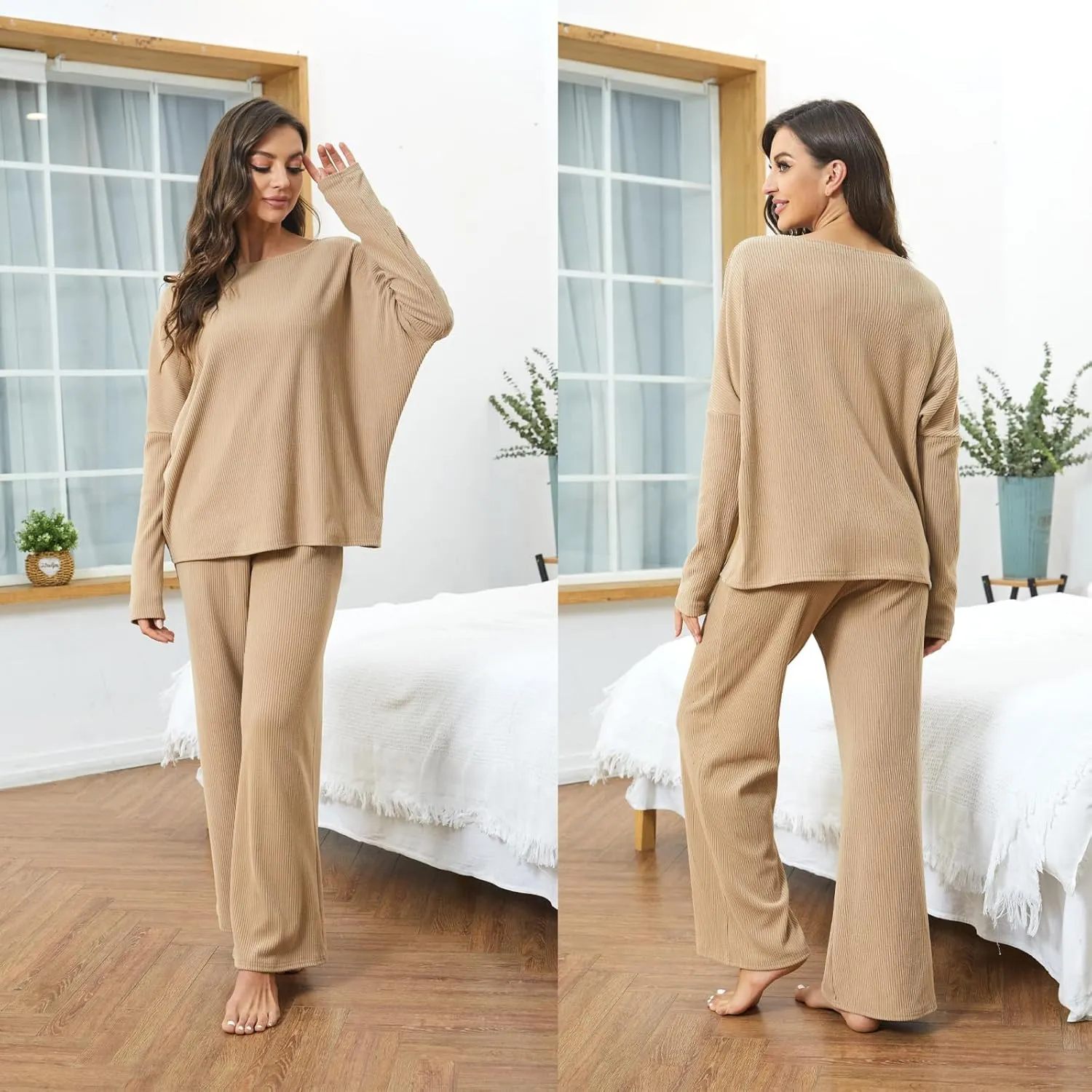 Xaspee Women's 2 Piece Corduroy Wide Leg Sweatsuit Sets Batwing Sleeve Loose Top and Pants Knit Loungewear Outfits