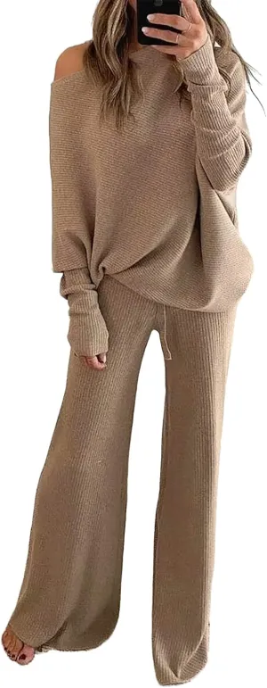 Xaspee Women's 2 Piece Corduroy Wide Leg Sweatsuit Sets Batwing Sleeve Loose Top and Pants Knit Loungewear Outfits
