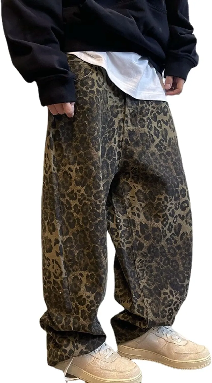 XPONNI Y2k Jeans Animal Print Y2k Pants Leopard Print Womens Baggy Wide Leg Jeans 2000s Mcbling Grunge Clothes