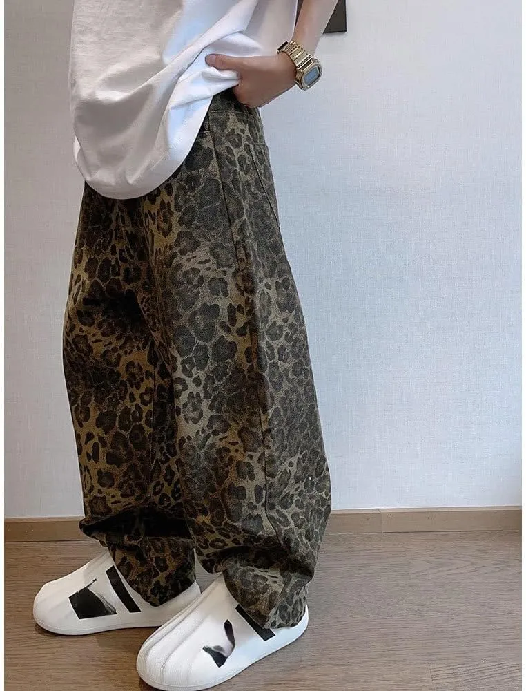 XPONNI Y2k Jeans Animal Print Y2k Pants Leopard Print Womens Baggy Wide Leg Jeans 2000s Mcbling Grunge Clothes
