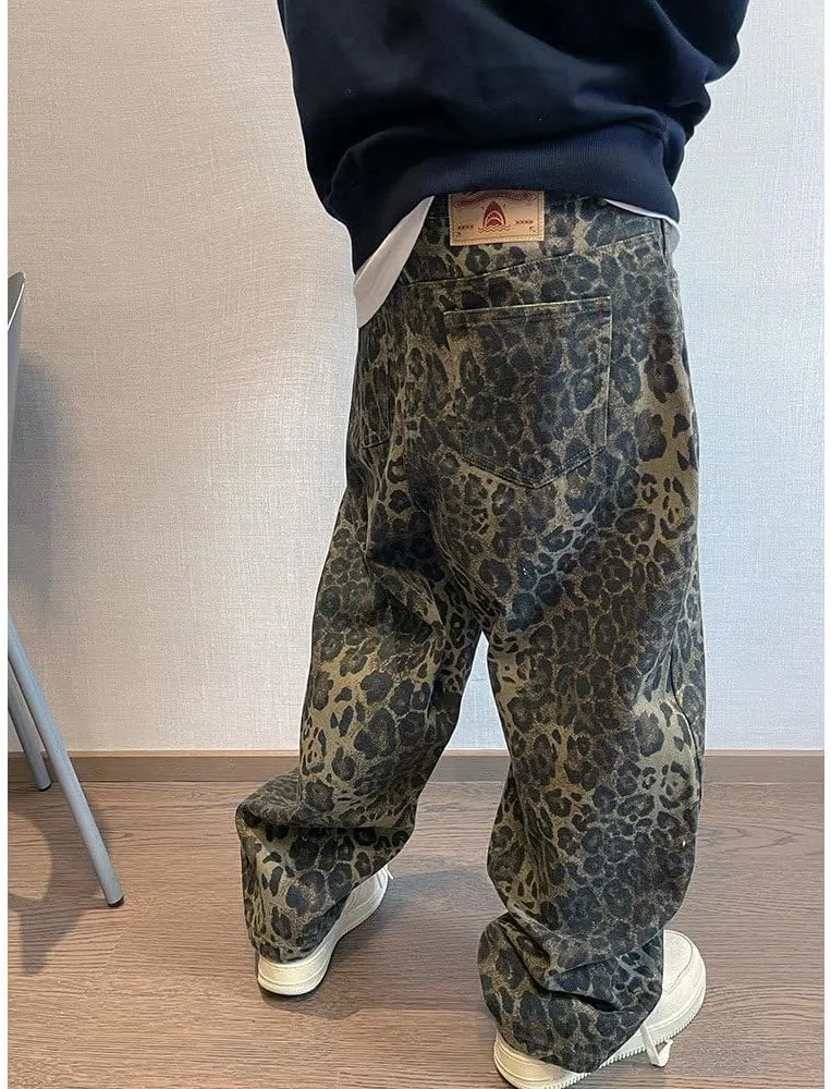 XPONNI Y2k Jeans Animal Print Y2k Pants Leopard Print Womens Baggy Wide Leg Jeans 2000s Mcbling Grunge Clothes