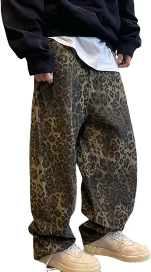 XPONNI Y2k Jeans Animal Print Y2k Pants Leopard Print Womens Baggy Wide Leg Jeans 2000s Mcbling Grunge Clothes