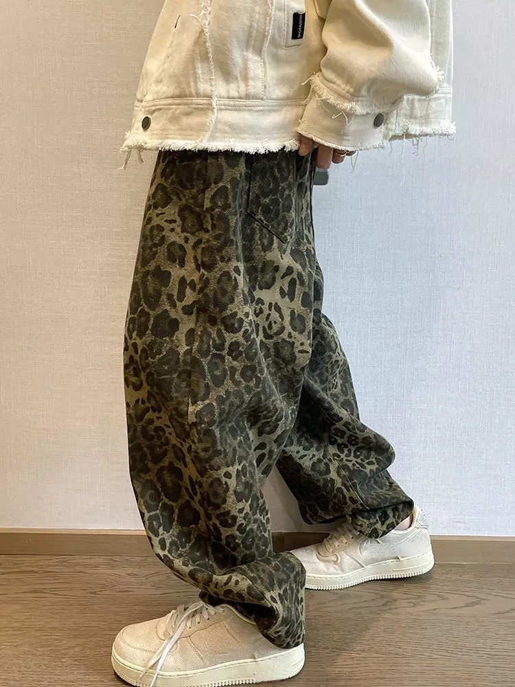 XPONNI Y2k Jeans Animal Print Y2k Pants Leopard Print Womens Baggy Wide Leg Jeans 2000s Mcbling Grunge Clothes