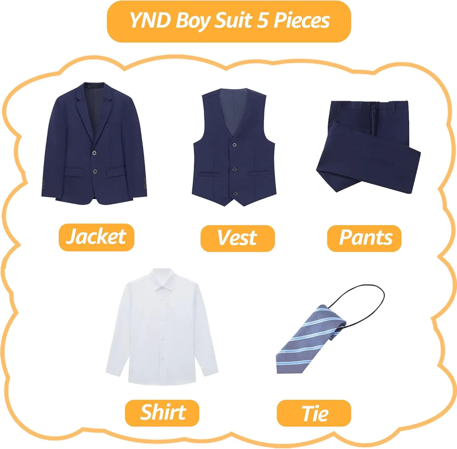 YND Boys Formal Slim Fit, 5-Piece Suits for Kids, Jacket Vest Pants Shirt and Tie for Wedding Prom