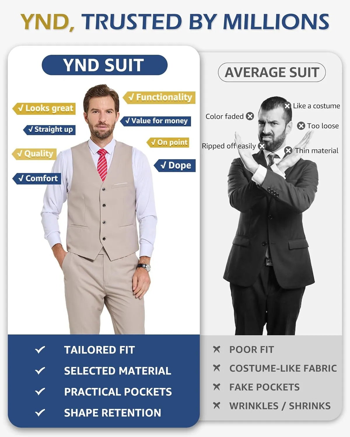 YND Men's 2-Piece Suit, Vest Pants Set for Men, Classic Waistcoat with Tie for Business, Wedding, Prom, Homecoming