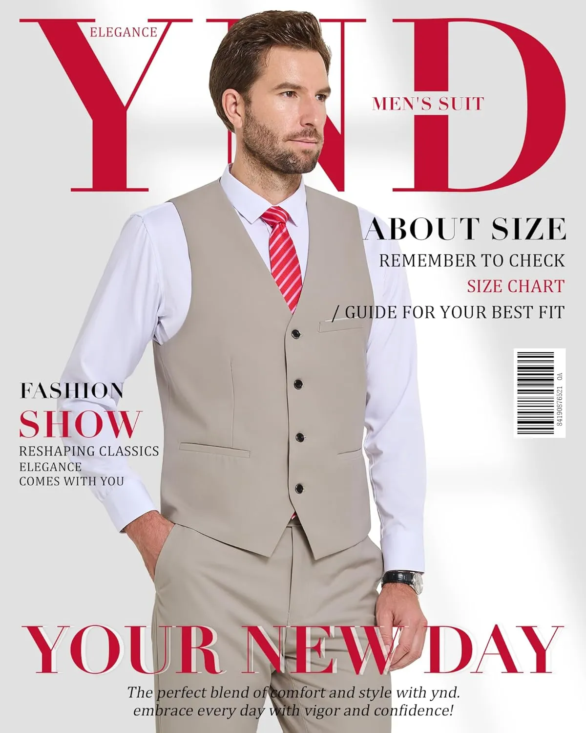 YND Men's 2-Piece Suit, Vest Pants Set for Men, Classic Waistcoat with Tie for Business, Wedding, Prom, Homecoming