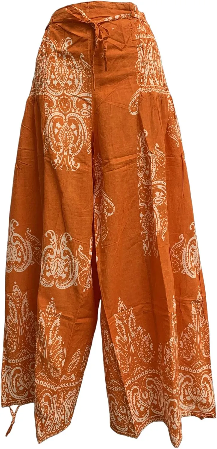 Yoga Trendz Bohemian Indian Cotton Paisley Smocked Waist Flared Palazzo Pants