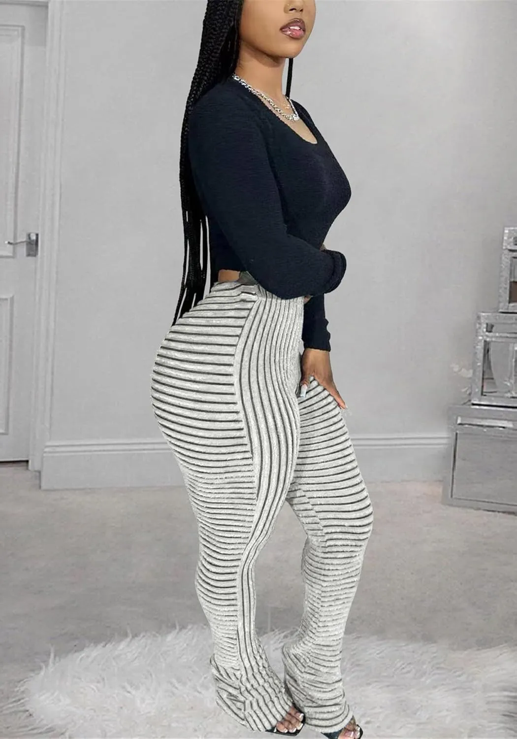 YOOTIKO Women Stacked Pants Flare Sweatpants High Waisted Striped Fuzzy Lounge Butt Lifting Leggings