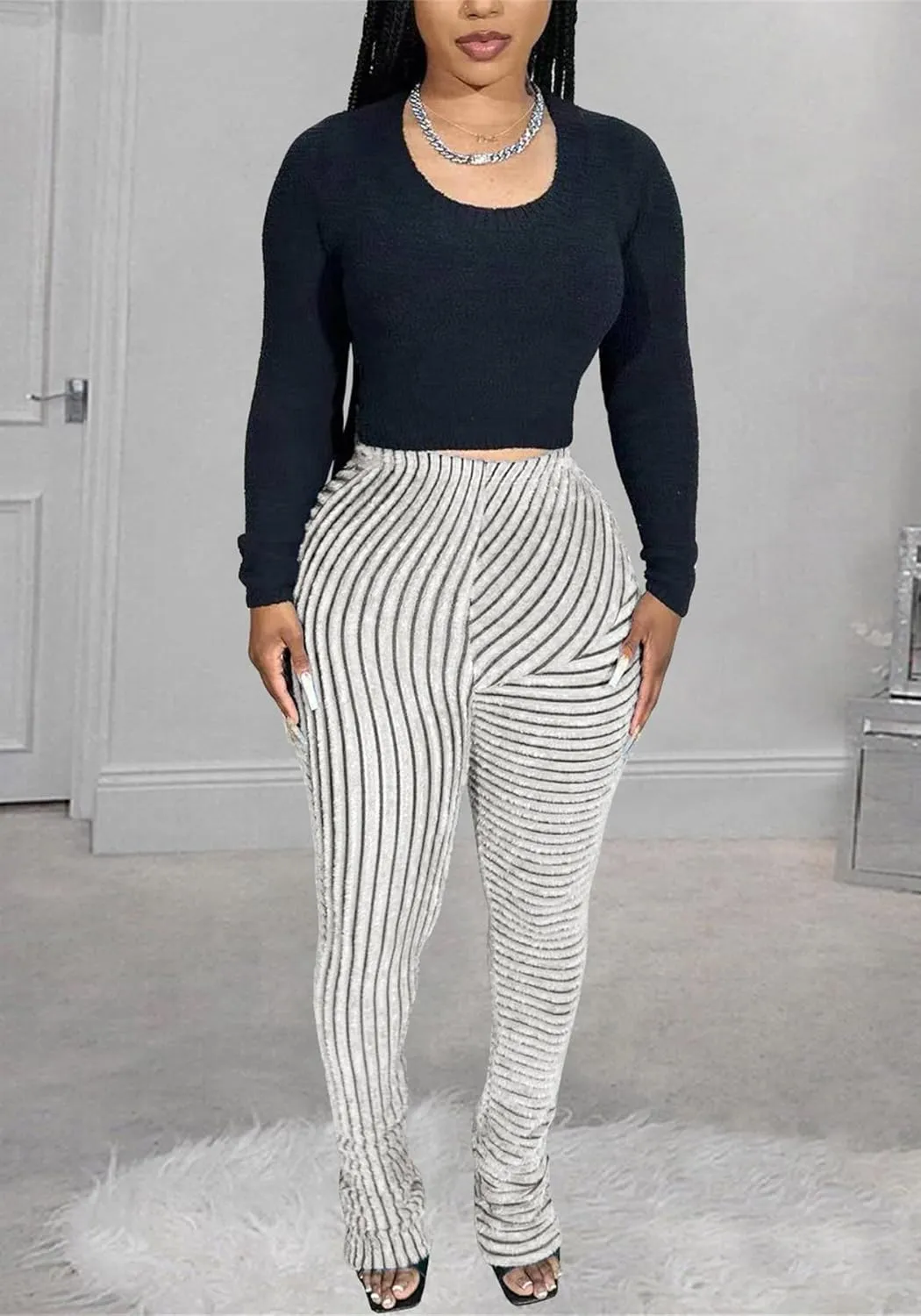 YOOTIKO Women Stacked Pants Flare Sweatpants High Waisted Striped Fuzzy Lounge Butt Lifting Leggings