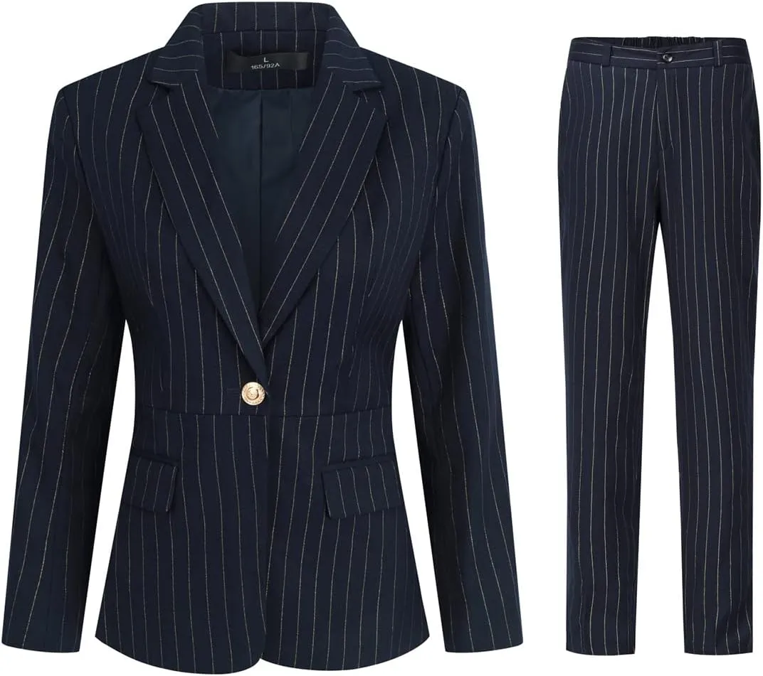 YYNUDA Women's Business Striped Suit Set 2 Piece Office Work Business Suits Blazer and Pant