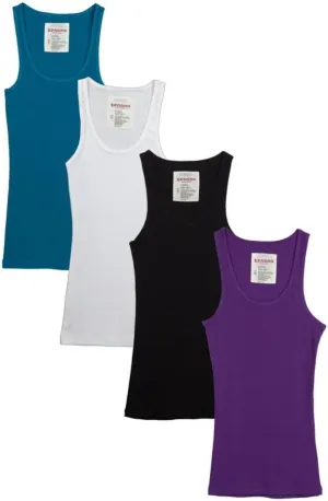 Zenana Outfitters 4 Pack Womens Basic Ribbed Tank Top Black/White/Purple/Jade M