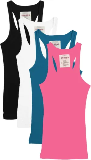 Zenana Outfitters 4 Pack Womens Ribbed Racerback Tank Top Black/White/Jade/NPINK L