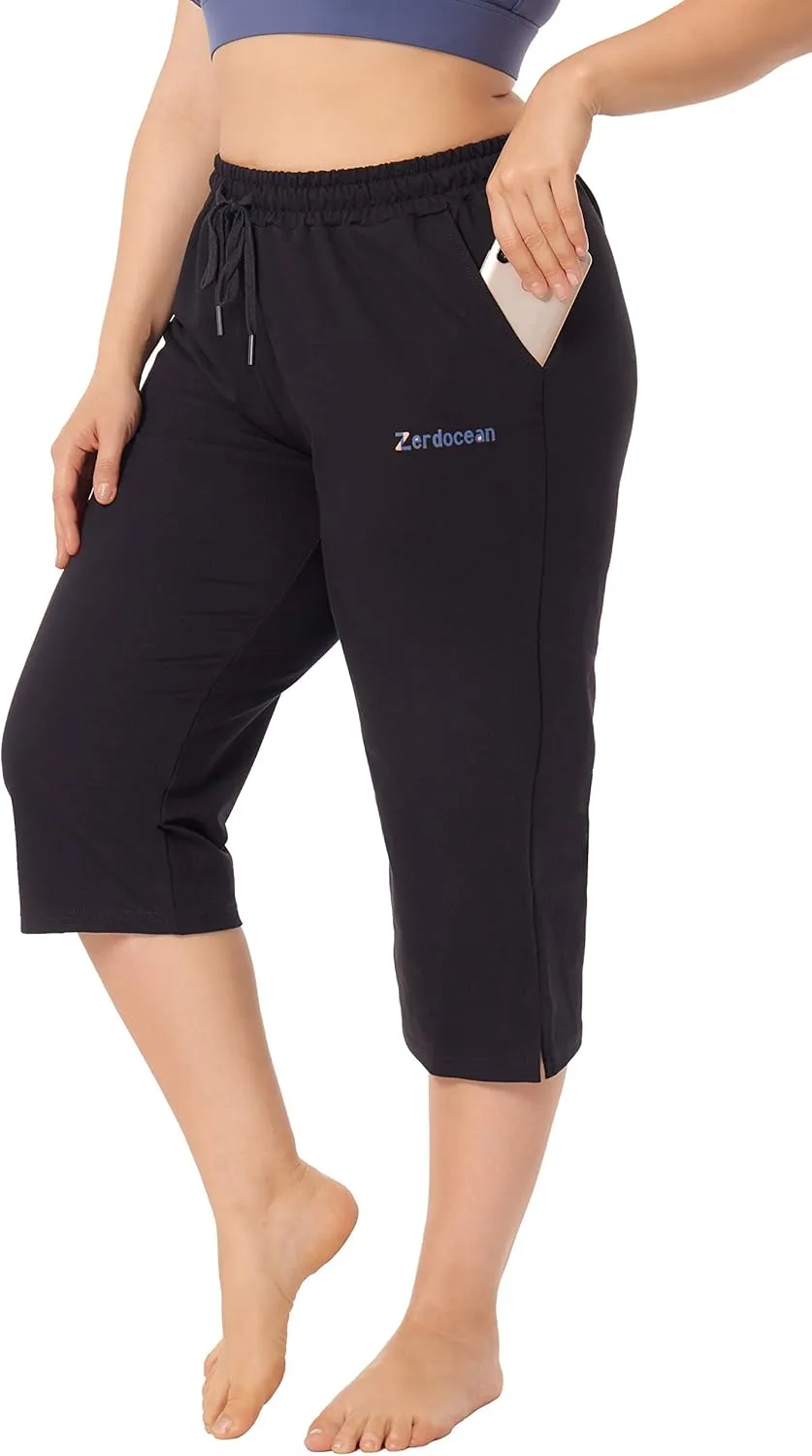 ZERDOCEAN Women's Plus Size Active Yoga Lounge Indoor Jersey Capri Walking Crop Pants with Pockets Drawstring