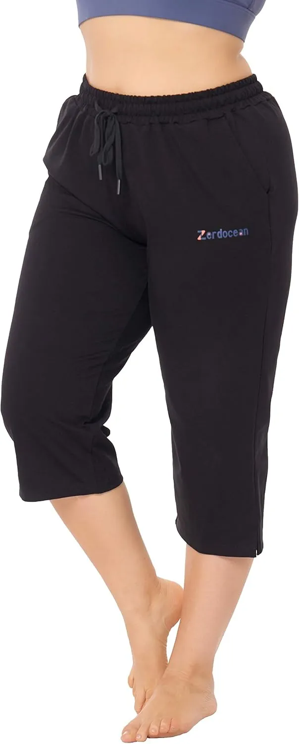 ZERDOCEAN Women's Plus Size Active Yoga Lounge Indoor Jersey Capri Walking Crop Pants with Pockets Drawstring