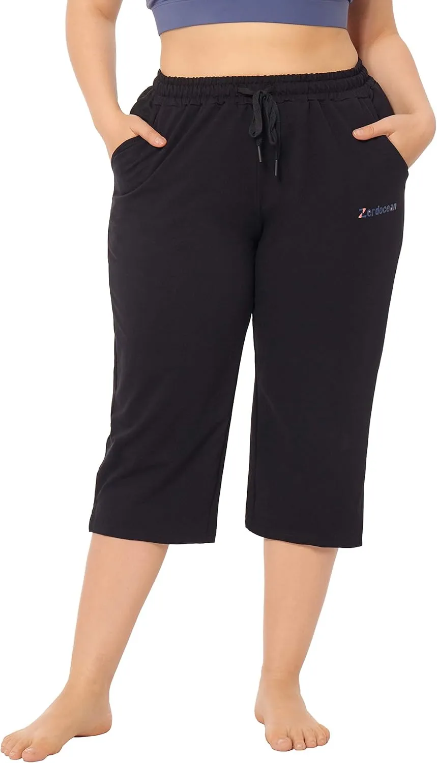 ZERDOCEAN Women's Plus Size Active Yoga Lounge Indoor Jersey Capri Walking Crop Pants with Pockets Drawstring
