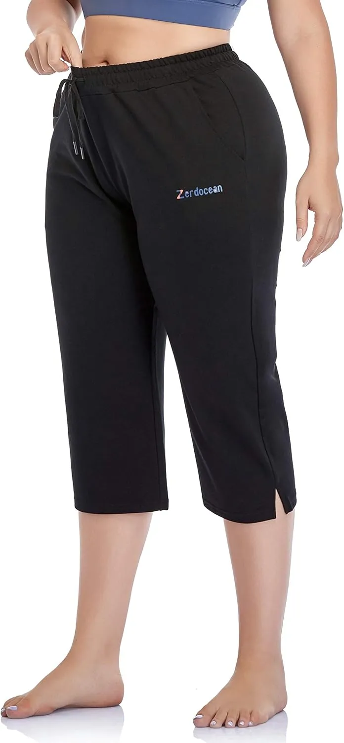 ZERDOCEAN Women's Plus Size Active Yoga Lounge Indoor Jersey Capri Walking Crop Pants with Pockets Drawstring